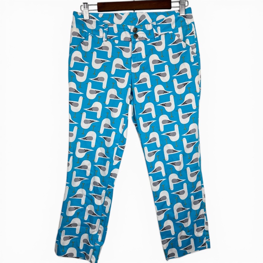 Loudmouth Preppy Coastal Seagull Print Golf Capri Pants Women's Sz 2‎ Blue White